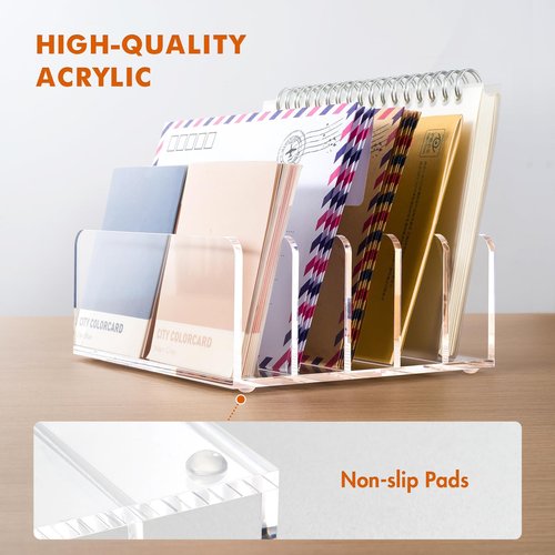 BEYGORM Acrylic Mail Holder, Clear Desk Organizer with Divider, Vertical Letter Sorter for Desktop, 5 Compartments Modern Office Home Envelope Organizer for Bill, Document, Notebook
