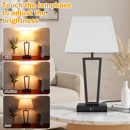 LEDIKON Touch Control Bedside Table Lamps Set of 2, 3-Way Dimmable Modern Black Nightstand Lamps with USB-C & USB-A Ports and LED Bulbs for Bedroom, Living Room, Office