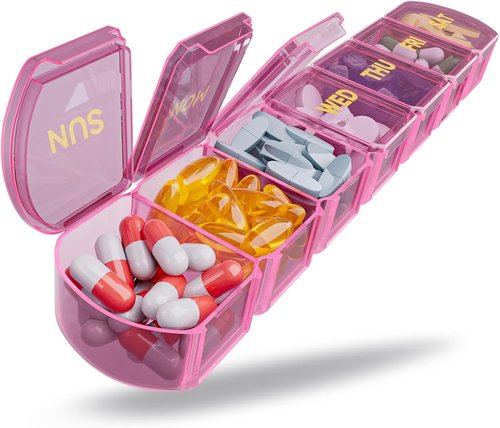 SHIJOINYU Large Weekly Pill Organizer - 7 Day Easy-Open Medicine Box for Vitamins & Supplements - Pink
