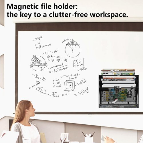 KZWKRG 4 Tier Magnetic File Holder, Large Capacity Mesh Hanging Wall Organizer Vertical Magnetic Hanging File Organizer, Magnetic File Folder Holder for File Cabinets, Office, Whiteboard (Black)