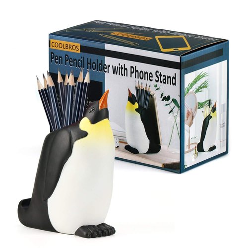 COOLBROS Pen Pencil Holder with Phone Stand, Resin elephant Shaped Pen Container Cell Phone Stand Carving Brush Scissor Holder Desk Organizer Decoration for Office Desk Home Decorative (Penguin)