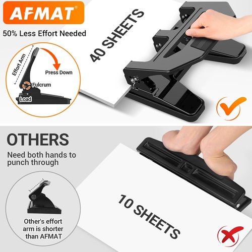 AFMAT Heavy Duty 3 Hole Puncher - Effortless 40-Sheet Capacity | Durable Metal Design with Large Tray (Black)