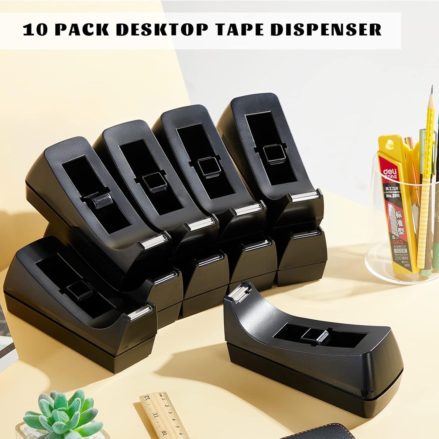 Skiennix Desktop Tape Dispensers - Non-Skid Base for Office & Home | 10 Pack - Black