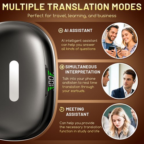 AI Language Translator Earbuds, Real-Time 3-in-1 Translation Earbuds 144 Languages & Accents, Translation Device for Travel Business Learning with Charging Case(Black)