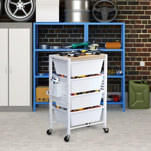Rolling Cart with 4 Drawers, Plastic Drawer Storage Carts with Lockable Wheels & Wooden Tabletop, Metal Utility Cart with Pegboards, Office Living Room Classroom Craft Organization and Storage, White