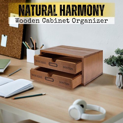 Flexzion Wooden Desktop Office Supplies Organizer with 2 Storage Drawers Set, 2-Tier Wood Tabletop Cabinet, Countertop Desk Accessories Box, for Home Workspace Counter Vanity Decor Art Craft Tool Mail