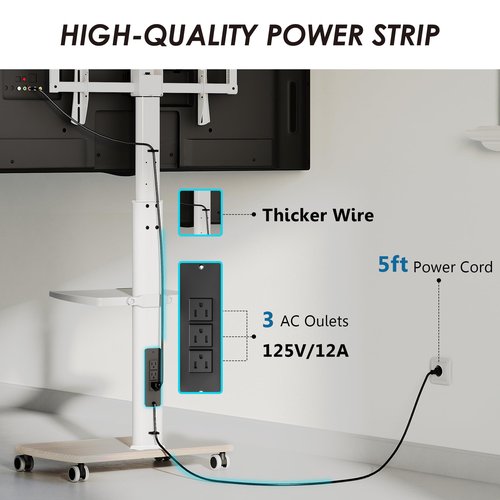 FITUEYES Rolling TV Stand with Power Outlets, Swivel Portable TV Stand for 32-70 Inch LCD LED OLED Flat/Curved Panel Screen TVs, Height Adjustable&Wood Base, Mobile TV Cart with Shelf