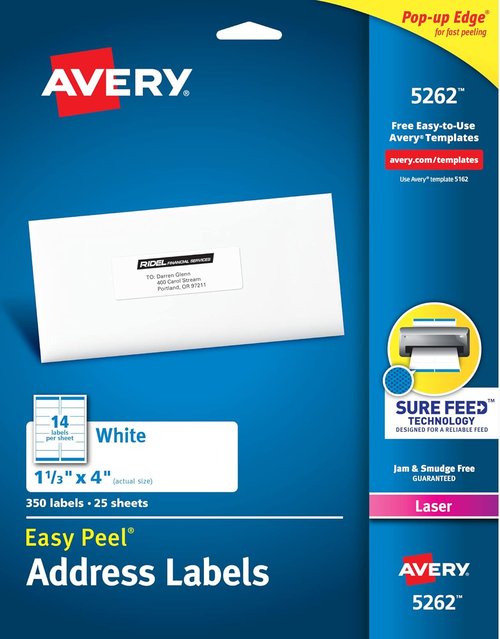 Avery Easy Peel Address Labels - Printable with Sure Feed Technology | 1-1/3" x 4", White, 350 Count