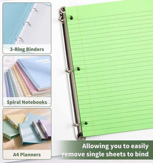 120 Sheets Loose Leaf Binder Paper, 6-Color Wide Ruled Lined Paper, 8” x 10.5”, 3-Hole Punched Notebook Paper Writing Paper for School Office