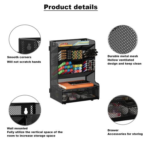Senhoglb Mesh Pen Holder For Desk, Multi-Functional Pencil Holder with Drawer, Desktop Pen Organizer Easy Assembly, Wall Mount Metal Pen Storage for School, Home, Art Supplies, 9 Compartments, Black