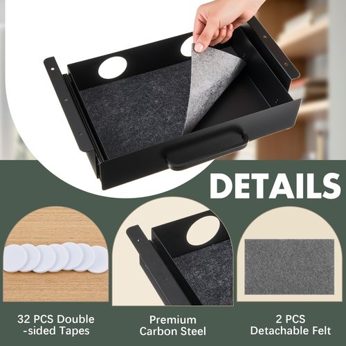 2 Pack Under Desk Slide out Drawer Storage Shelf, Carbon Steel Tray with Mute Felt Sheets, Pull out Organizer for Office Home Workstation Gaming Stand Desk, 13×8×2.8 In(Black)