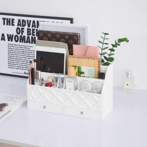 Yanzewon White Wooden Desk Organizer with 5 Compartments and 2 Drawers, Multifunctional Desk Supplies Organizer for Home Office School, Accessories Workspace Organizer and Storage