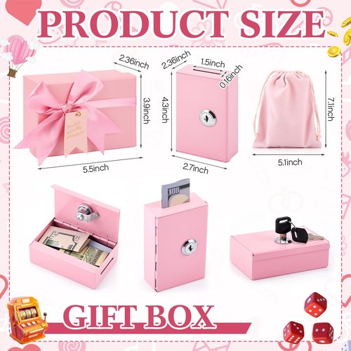CroBlissful 3 Pcs Pink Metal Cash Box for Money Savers Large Slot with 2 Keys and Storage Bag Gift Box, Casino Portable Cash Organizer Pocket Sized Gifts Stops Addictive Urges to Casino Lovers