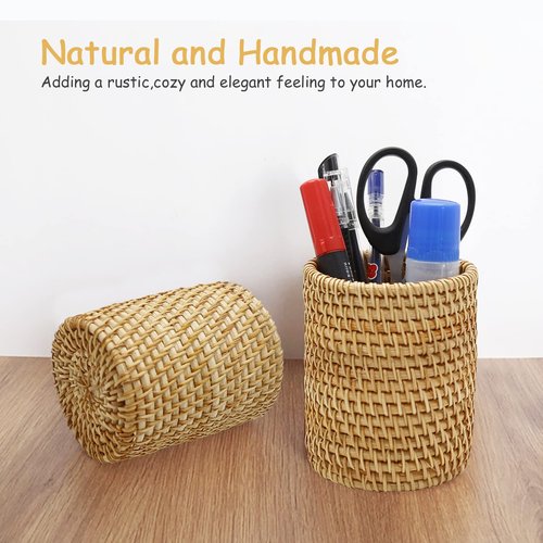 ZUDKSUY 2 Pack Rattan Pencil Holder Handmade Pen Organizer Boho Desk Accessories Pen Cup Holder Aesthetic Holder for Desk Cute