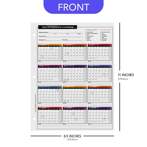 2026 Attendance Calendar – Great Employee Daily Attendance Work Tracker – Bright and Colorful, Printed on Durable and Thick 80lb Cover Cardstock – 3 Hole Punched – 8.5 x 11" – 25 Sheets per Pack