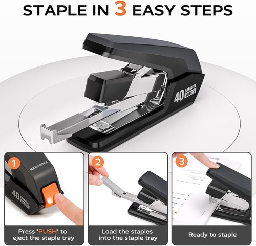 MARSROCK Heavy-Duty Desk Stapler - Effortless 1-Touch Stapling, 40-50 Sheet Capacity, Black