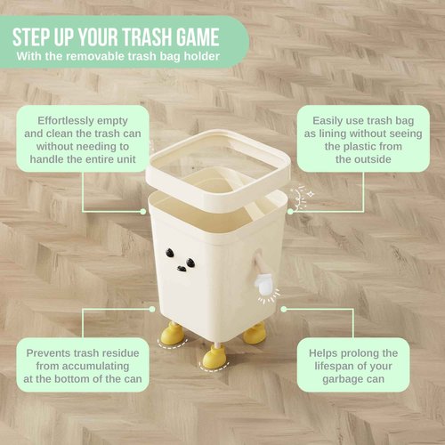 4.2-Gallon Cute Kids Trash Can - Durable Waste Basket Perfect for Kids Rooms, Classrooms, Pediatric Clinics - Beige Square-Shaped Trash Bin w/Arms & Legs - Comes with Removable Trash Bag Holder