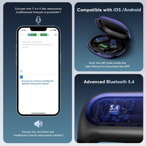 MOZC 168 Languages AI Translation Earbuds, Bluetooth 5.4 Headphones Translator, 4-in-1 Smart Mode Touch Screen Real-Time Earphones Fit iOS and Android Ideal for Travel Business Learning, Deep Blue