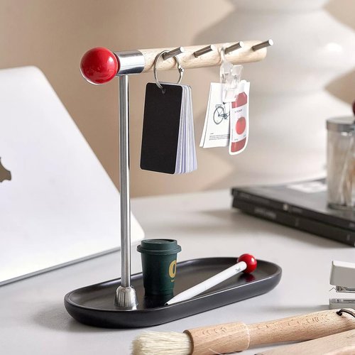 mollveesen Wood Entryway Key Holder for Standing, Storage Rack with 4 Hooks and Jewelry Tray,Multifunctional Desktop Supplies Holder，Bedroom Dresser Jewelry Organizer Rack for Necklace，Rings，Watches