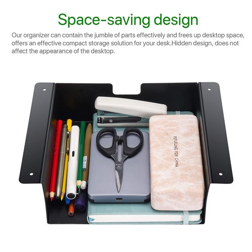 Ehaijia Stainless Steel Under Desk Storage Shelf with Dual Headset Hanger Hook Holder, Hidden Desk Drawer for Space Saving, Great Addition for Workstations, Easy to Install& holds up to 10 lbs