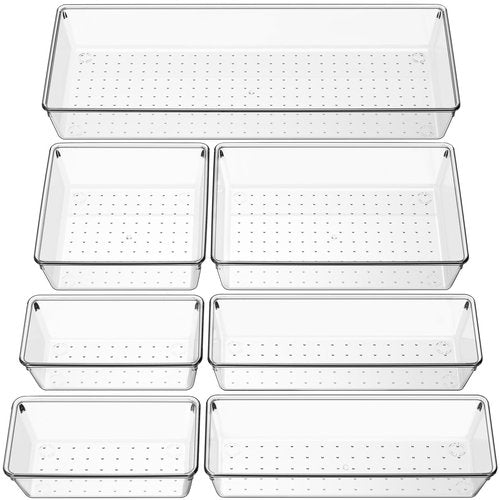 Criusia Clear Drawer Organizer 7 PCS - 5 Size Plastic Versatile Kitchen and Bathroom Organizer Trays, Non-Slip Storage Bins for Makeup, Utensils, Tool and Office Desk