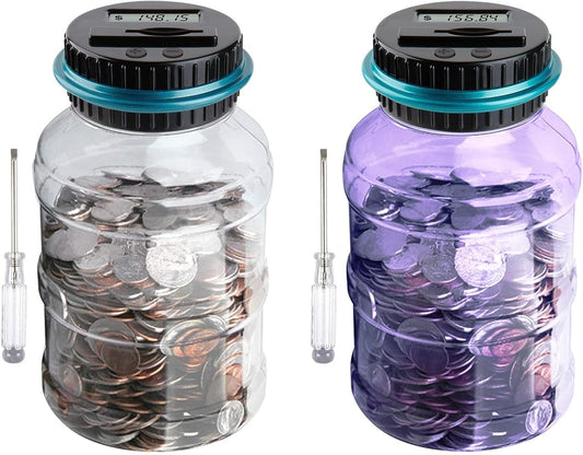 Vcertcpl Digital Coin Counting Bank - 2-Piece Set with LCD Counter | 1.8L Capacity for All US Coins (Blue-Purple)