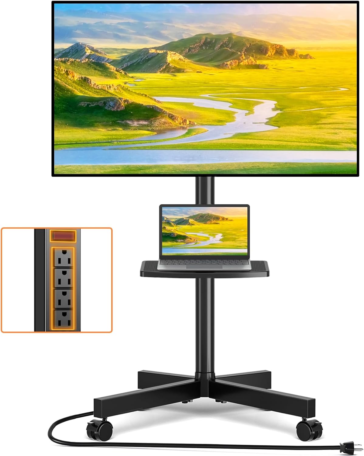 TVON Mobile TV Stand - Adjustable Rolling Cart with Power Outlet for 23-65 Inch TVs | Max VESA 400x400mm
