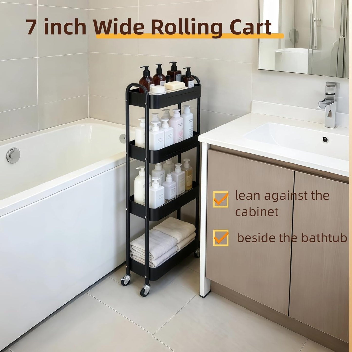 4 Tier Slim Storage Cart - Rolling Laundry Organizer with Lockable Wheels | 7.1'' Narrow Metal Shelf, Black