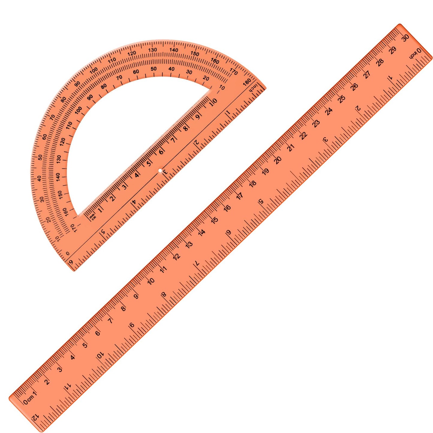 Zonon 2 Pcs 12 Inch Clear Ruler and 6 Inch Plastic Protractor Set, Dual Scale Inch/Cm Math Geometry Measuring Tools for Back to School Students Teachers Classroom Office Drafting Use(Orange)
