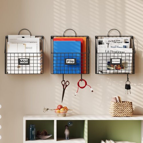 Yuzehuaza Hanging Wall File Organizer Metal Wall Mounted File Holder Folder with Handles and Hooks, Magazine Document Rack, for Home Office or Decor, 3 Packs (Patent Pending)