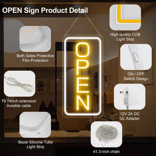22.8"x 11.8" Ultra Bright 12V Neon Open Sign for Business, LED Open Neon Sign, Electric Light up Signs for Stores, Restaurants Offices Retail Shops Window (Yellow-White-Vertical)