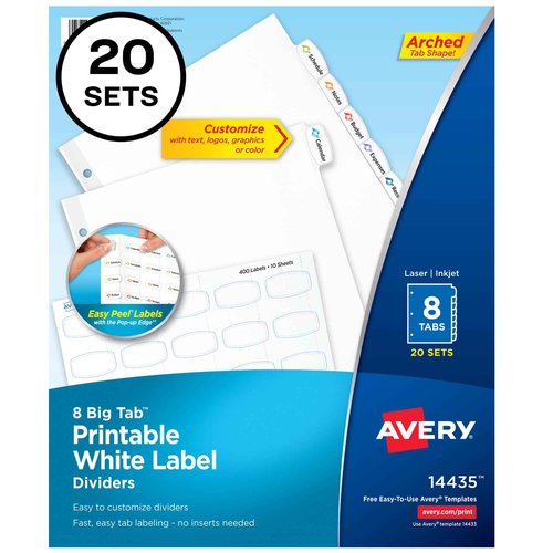 Avery Big Tab Printable White Label Dividers with Easy Peel, 8 Tabs, 20 Sets (14435)