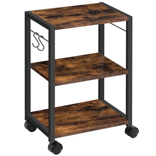 MAHANCRIS Printer Stand, 3-Tier Under Desk Rolling Cart with Storage Shelf, Heavy Duty Printer Table with Wheels for Home and Office, Printer Shelf with 2 Hooks, Small Spaces, Rustic Brown PTHR4001Z