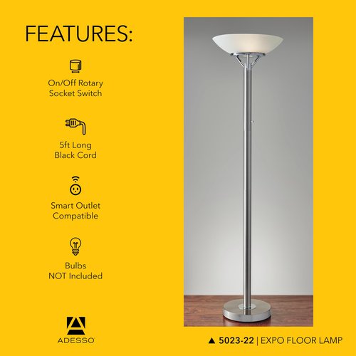 Adesso Floor Lamp with Brushed Steel and Chrome Finish - Perfect Lighting for Bedroom, Living Room and Corner Décor