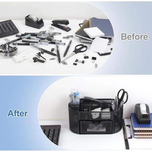 PrintPulse Office Supplies for Desk,14pcs Black Desk Sets and Accessories, Office Supply Kit with Mesh Desktop Organizer and Stapler,Staple Remover, Staples,Tape Dispenser,Sticky Tabs,Scissors, Ruler