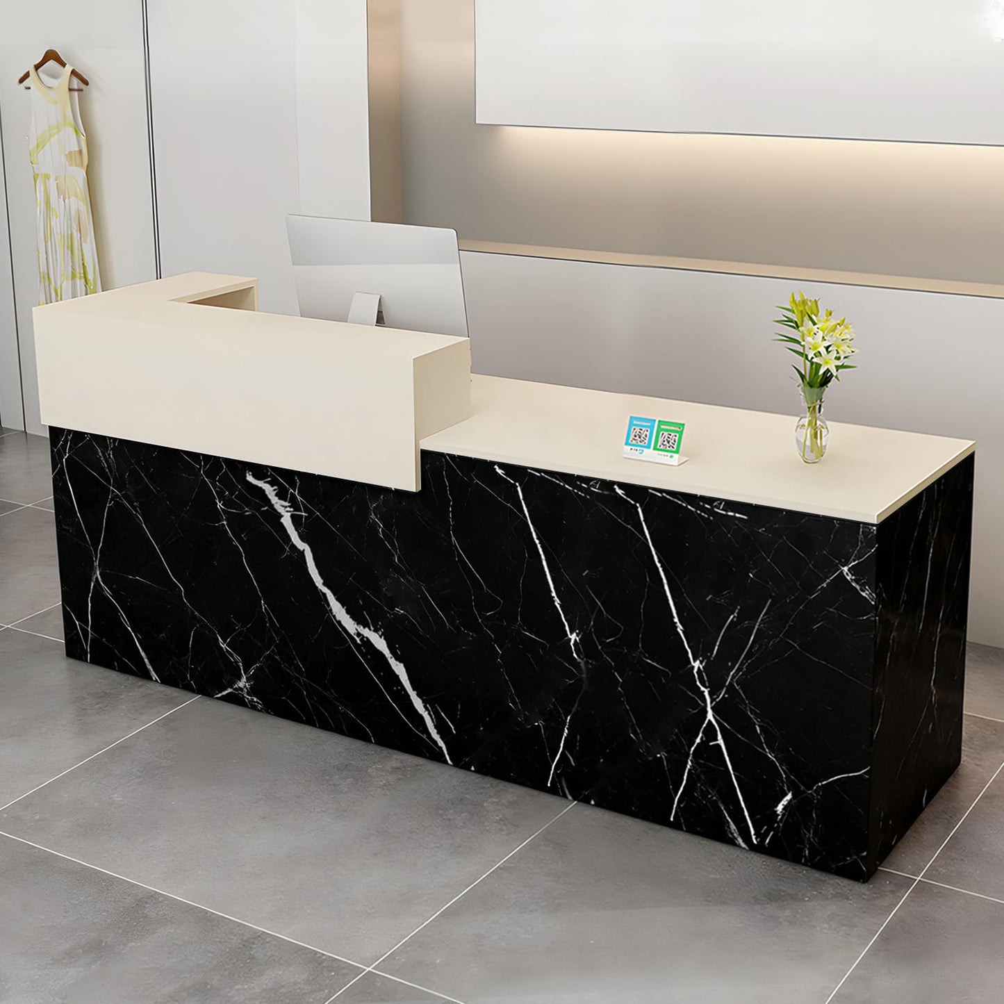 Modern Reception Desk with Drawer & Open Shelves, 39-95 Inch Front Counter Table, Computer Workstation Suitable for Salons, Offices, Lobbies, Retail Stores and Home Offices