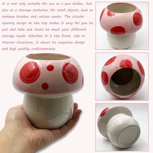 LOTIKOU Mushroom Ceramic Pencil Pen Holder Mushroom Ceramic Makeup Brush Holder for Desk Accessories Pencil Cup Plant Pot Office Home (Pink)