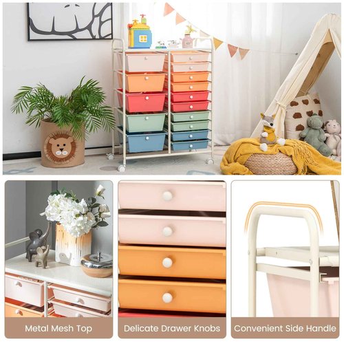 HOMGX Storage Cart with 15 Drawers, 15 Tier Multicolor Rolling Cart, File & Debris Storage Drawers on Lockable Wheels, Rolling Drawer Cart for Office/School/Home, Macaron