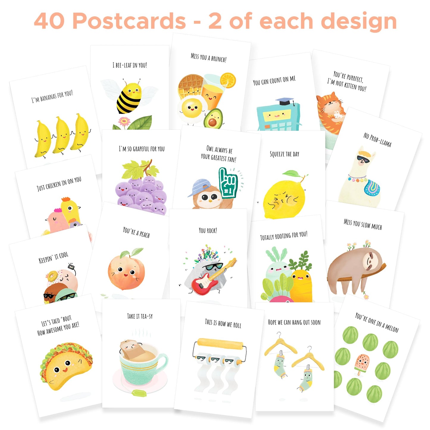 T MARIE 40 Funny Postcards Punny Puns - Bulk Thinking of You Postcard Pack for Friends, Family, Kids, Students, Teacher, and More - Say Hello, Thank You or I Miss You with Hilarious Animals