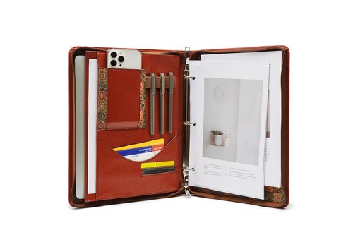 Vegan Leather Portfolio, Brown leather Padfolio, 10x13.5 inch briefcase with 3 Ring Binder, Faux leather Portfolio fit for A4 Letter Size notepad, Leather padfolio for Men and Women
