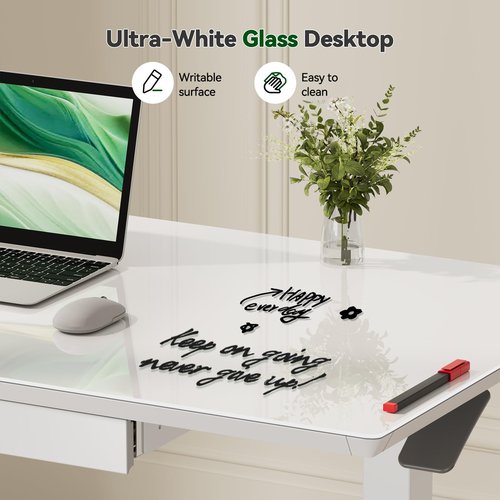 Gibbon Mounts Glass Standing Desk with Drawers,35inch Small Mobile Laptop Desk, Height Adjustable Rolling Sit Stand Desk, White Pneumatic Portable Computer Desk with Hidden Wheels or Lockable Casters
