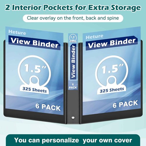 Heture 3 Ring Binder 1.5 Inch 6 Pack, 1-1/2" Clear View with Round Rings, PVC-Free,Holds for 325 Sheets 8.5X 11 US Letter Size Paper, Durable Black Perfect for Office,School and Home