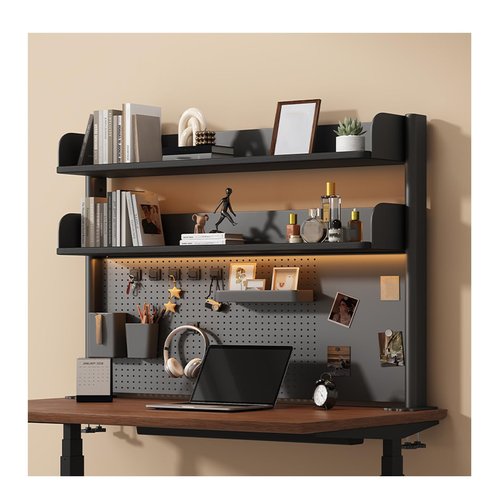 WOHNZA 35X23IN Clamp On Desk Shelf Organizer, Black Desktop Bookshelf Storage Shelves with Pegboard, Desk Extender for Office, Privacy Panel,Gaming Desk