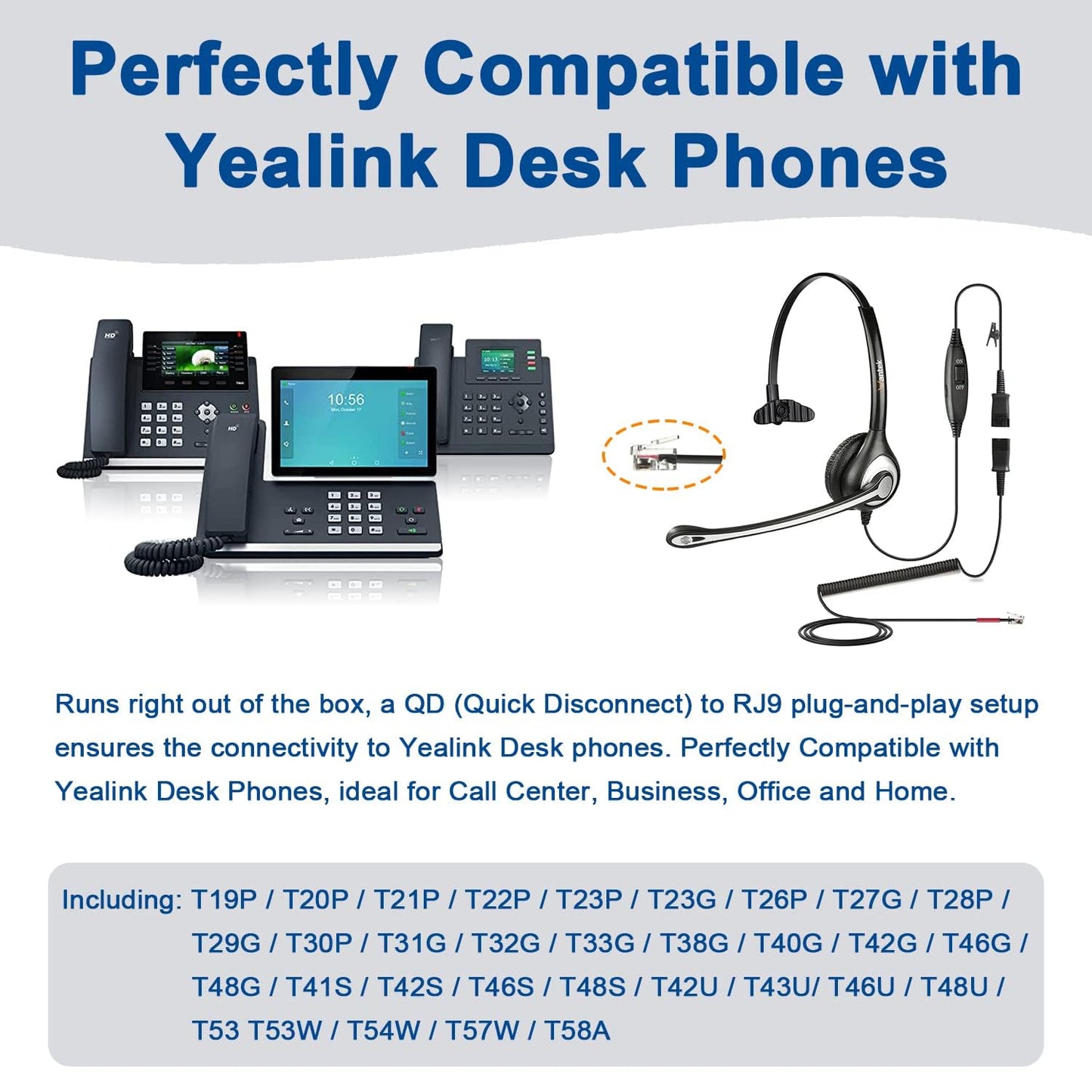 Wantek Yealink Phone Headset with Quick Disconnect Cord, RJ9 Office Telephone Headsets with Mic Noise Cancelling Compatible with Yealink VoIP Phone T21P T42S T46S T48S T27G T53W T54W Grandstream Snom