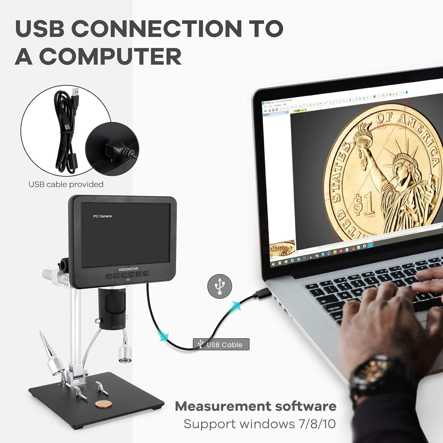 Andonstar AD246S-M HDMI Digital Microscope - 2000x Magnification, 2160P UHD Video, 7-Inch LCD Display, Pro Boom Arm Stand