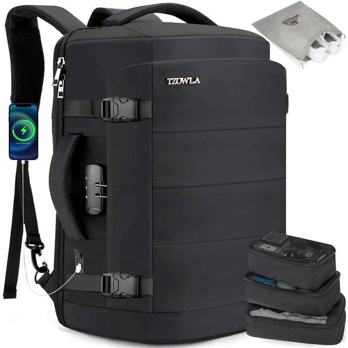 Tzowla 40L Expandable Travel Laptop Backpack for Men Women Carry on Flight Approved,Large Capacity Anti Theft Backpacks with USB/Type C Charging Port,Personal Item Bag Fit 17.3" Computer（Black