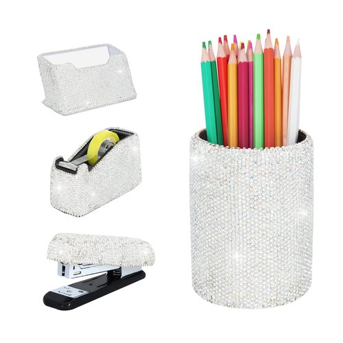 KEYPOWER Bling Crystal Luxury Handmade Diamond Round Pencil Pen Pot Holder & Stapler & Card Holder & Desktop Tape Dispenser Office Stationery Kit for Fashion Girls Women(White)