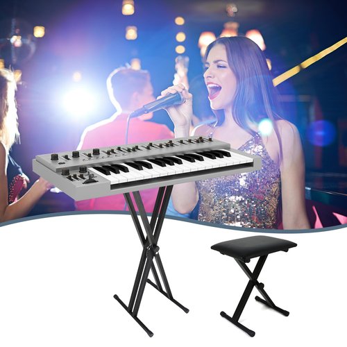 Imseigo Keyboard & Bench Set Sturdy Double-X Keyboard Stand Portable Adjustable Digital Piano Stand with Locking Straps, Keyboard Sticker, Anti-slip Foot Mats Black