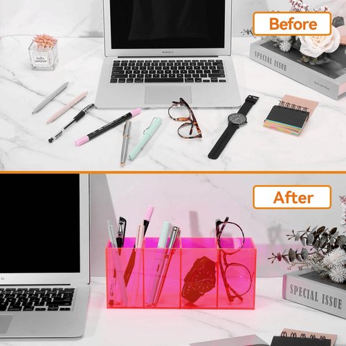 HappyDino Pen Holder for Desk Neon Acrylic Pencil Holder Cup Makeup Brush Storage Organizer for Vanity, Neon Pink
