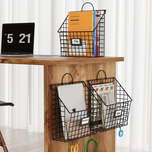 Yuzehuaza Hanging Wall File Organizer Metal Wall Mounted File Holder Folder with Handles and Hooks, Magazine Document Rack, for Home Office or Decor, 3 Packs (Patent Pending)